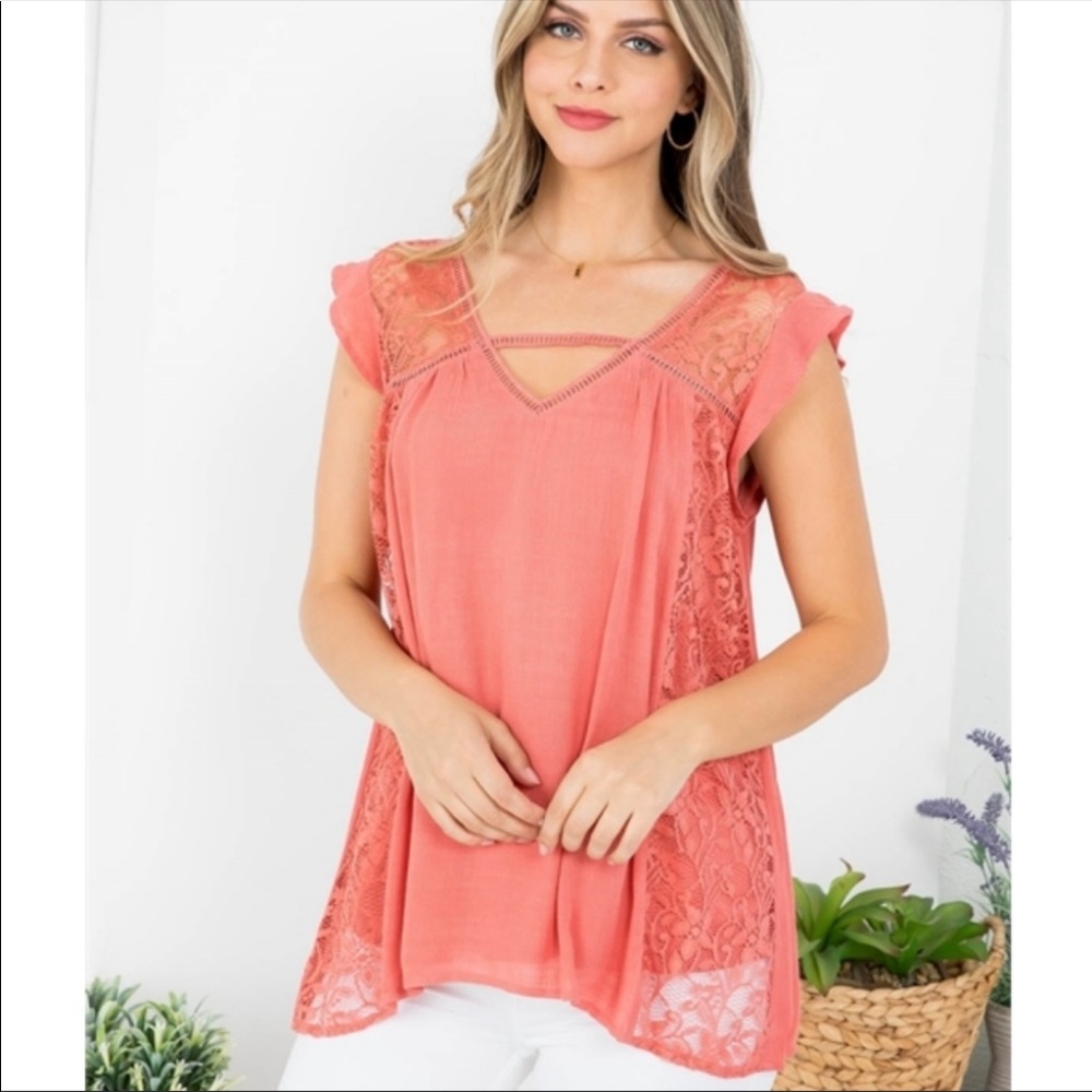 COPY - Lace Detailed Blouse! Coral. 100% Rayon. Size Medium